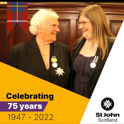 A photo of two women smiling with the text 'Celebrating 75 years 1947 - 2022' and the St John Scotland logo