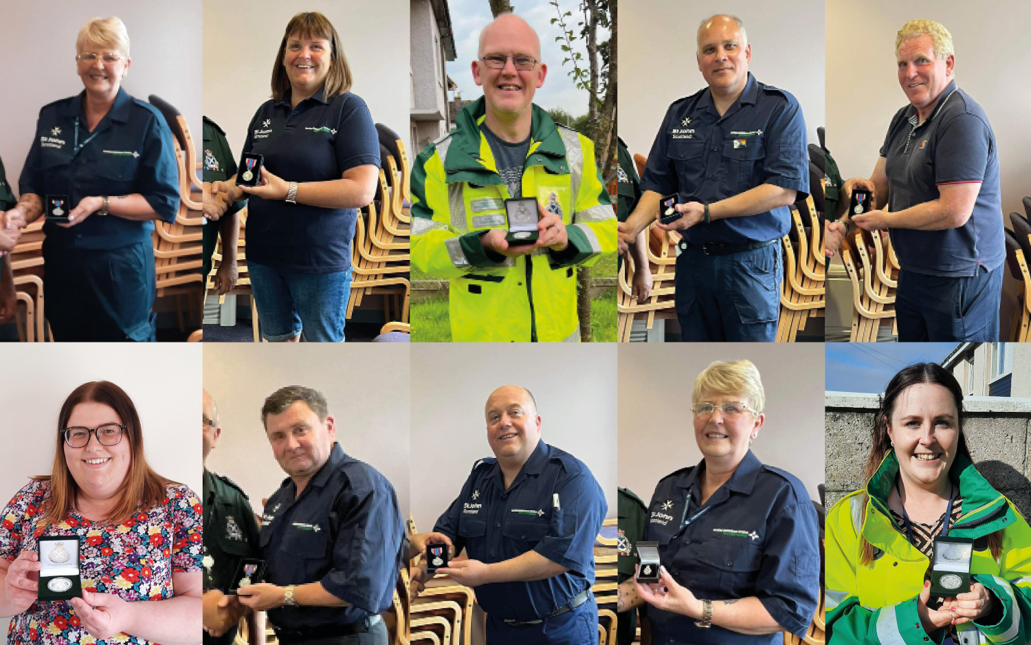 A montage of 10 people holding medals