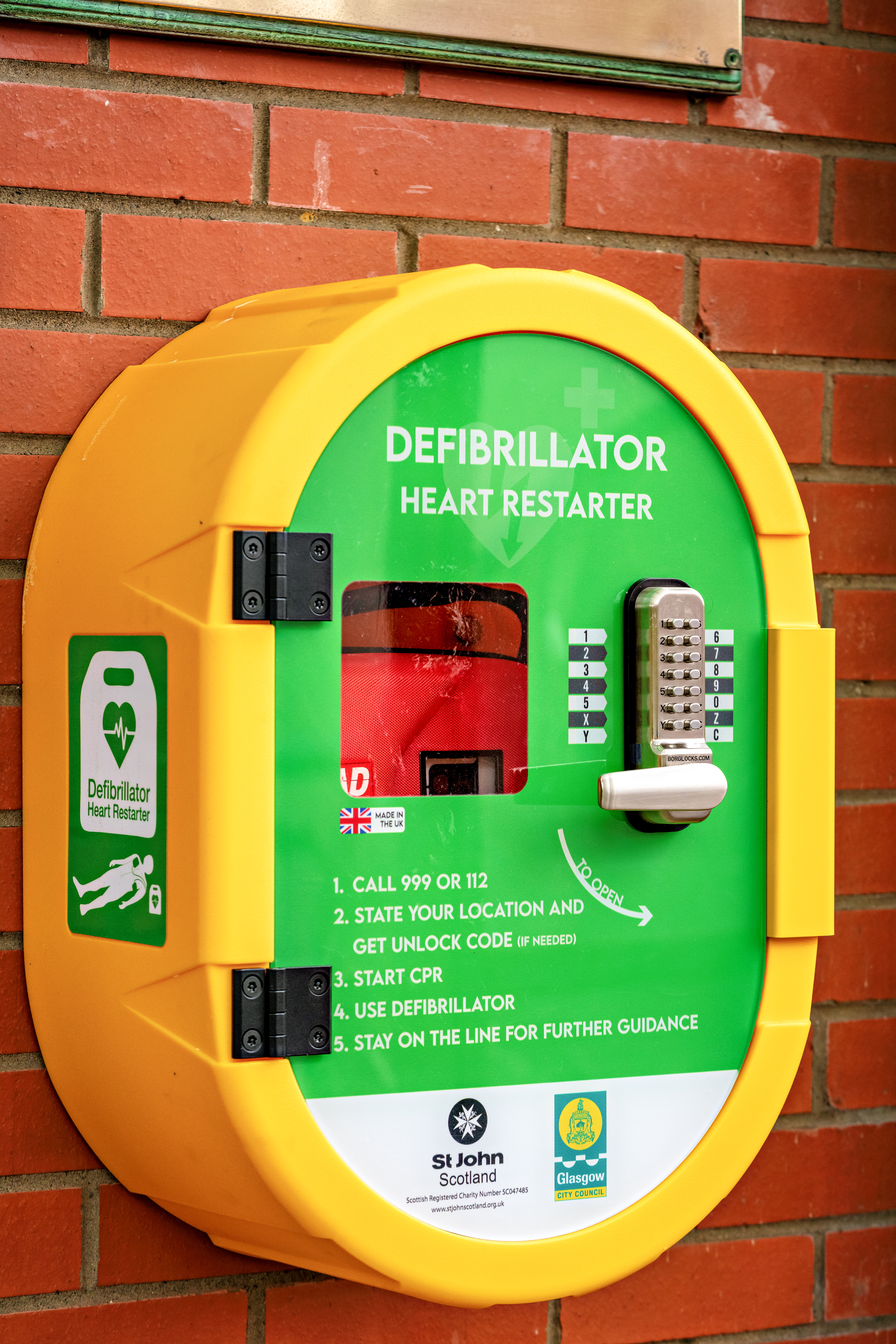 A close-up of a defibrillator